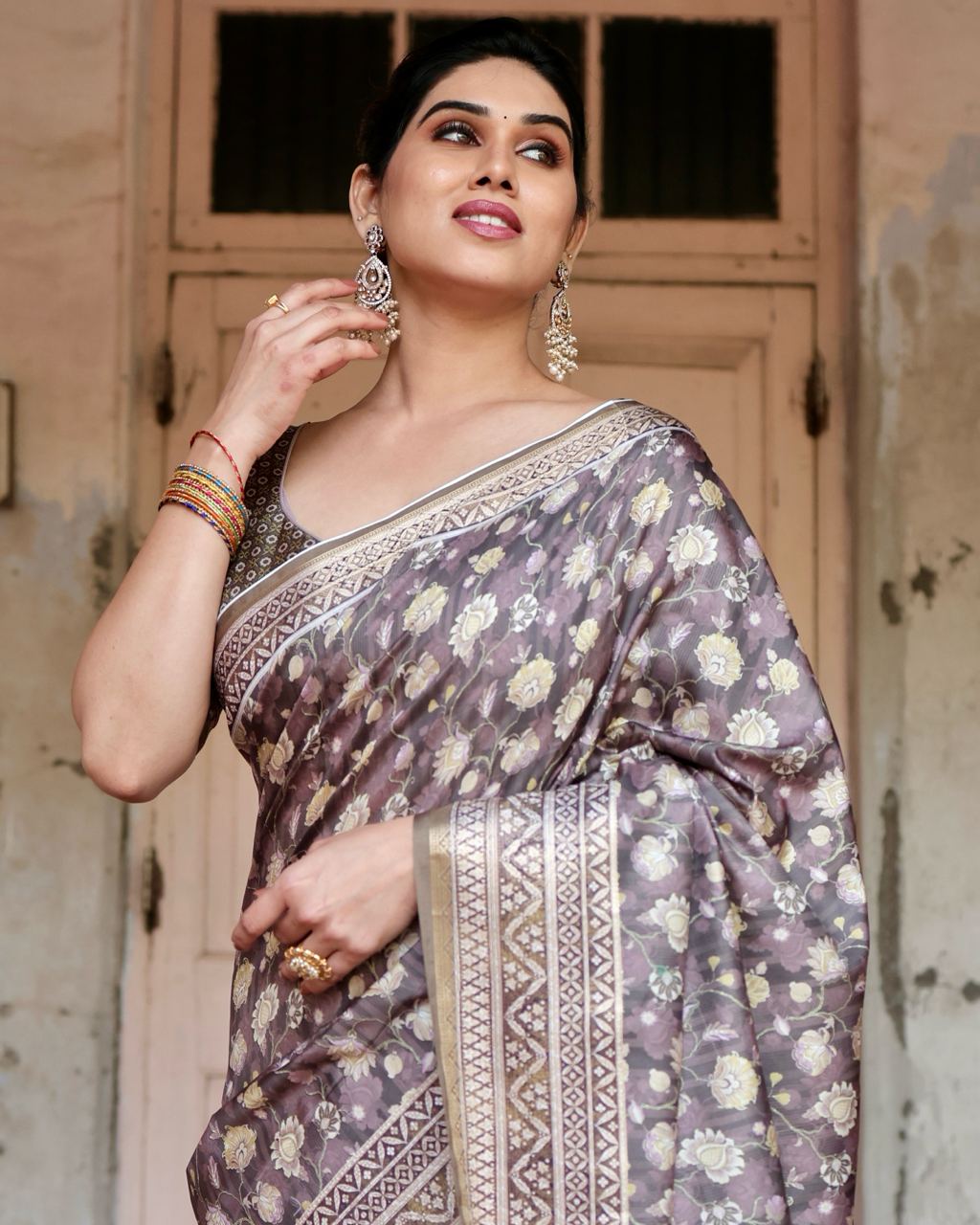 Pure Silk Digital Printed Grey Saree with Brocade Blouse Colorful Saree