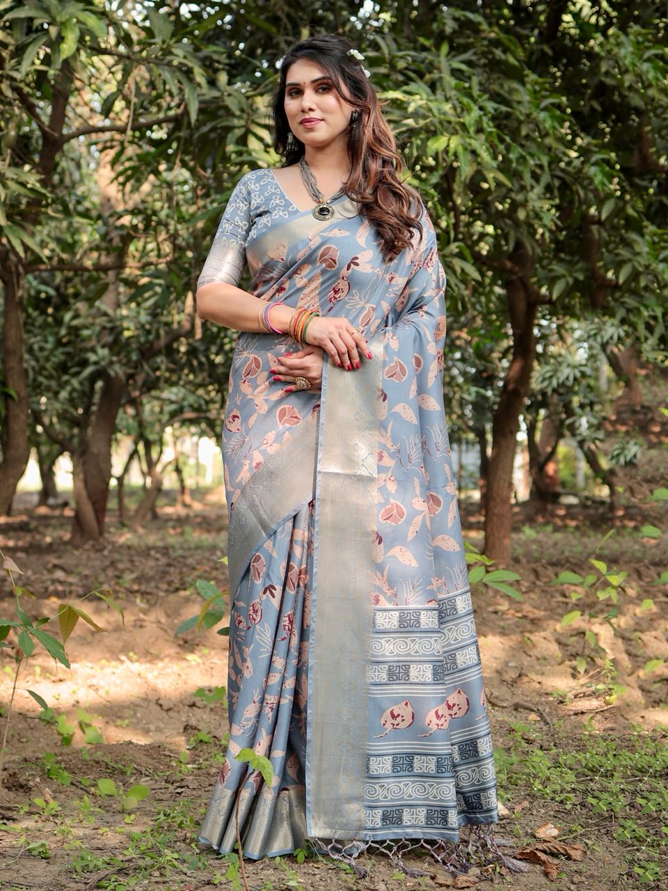 Pure Silk Digital Printed Grey Saree with Brocade Blouse Colorful Saree