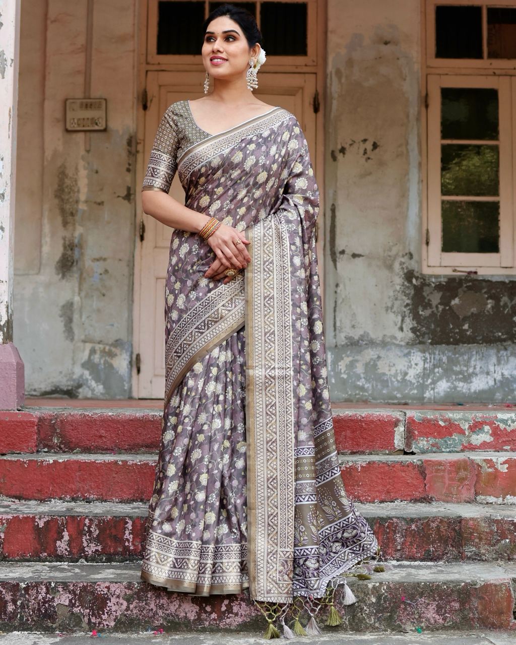 Pure Silk Digital Printed Grey Saree with Brocade Blouse Colorful Saree