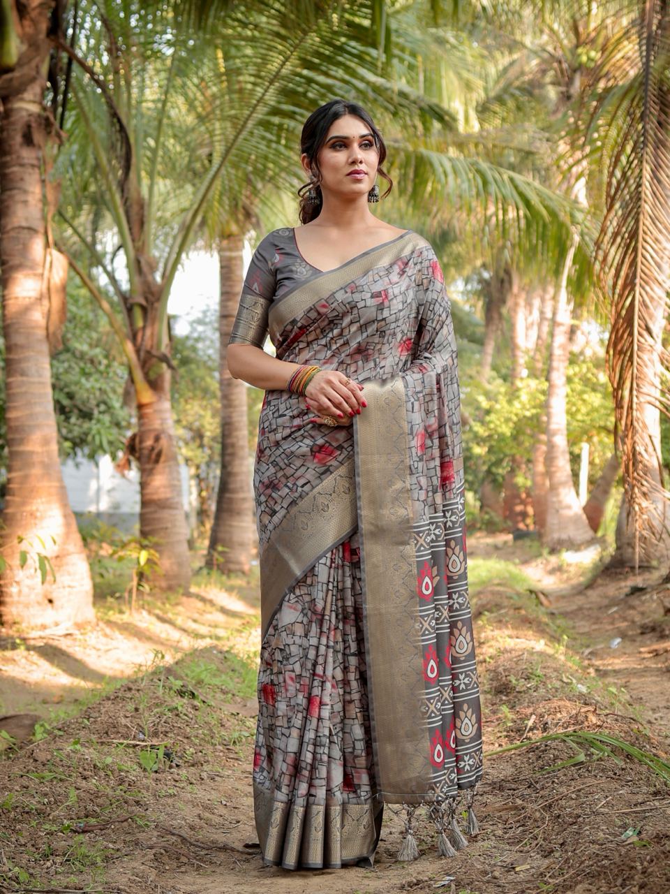 Pure Silk Digital Printed Grey Saree with Brocade Blouse Colorful Saree