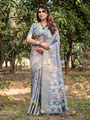 Pure Silk Digital Printed Grey Saree with Brocade Blouse Colorful Saree