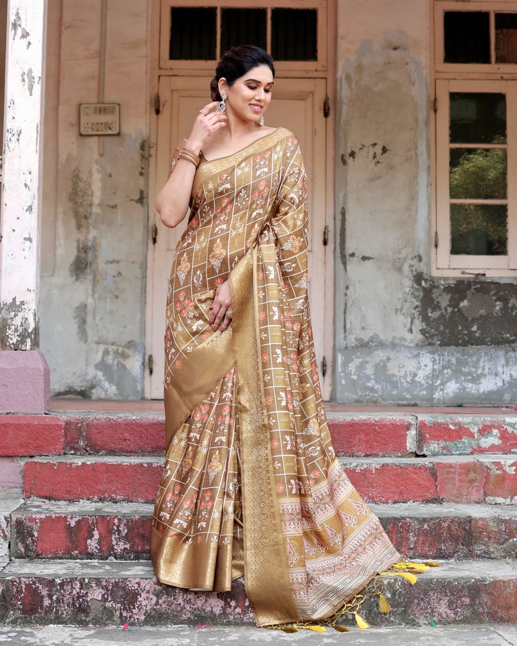 Pure Silk Digital Printed Light Brown Saree with Brocade Blouse Colorful Saree