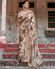 Pure Silk Digital Printed Light Brown Saree with Brocade Blouse Colorful Saree