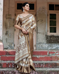 Pure Silk Digital Printed Light Brown Saree with Brocade Blouse Colorful Saree