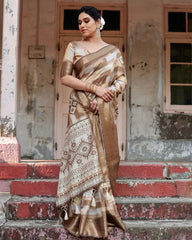 Pure Silk Digital Printed Light Brown Saree with Brocade Blouse Colorful Saree