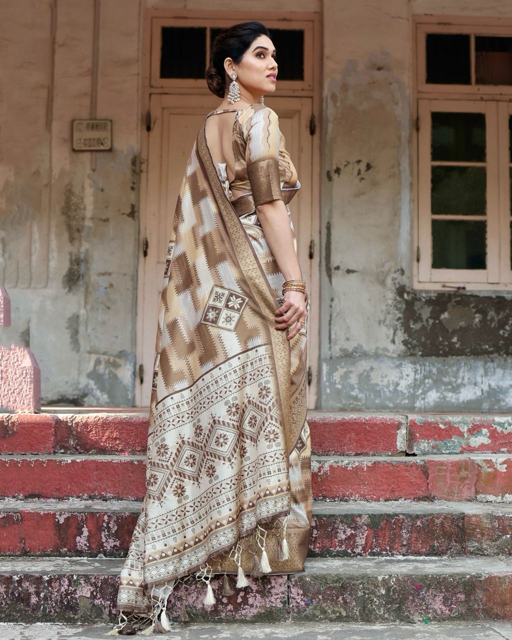 Pure Silk Digital Printed Light Brown Saree with Brocade Blouse Colorful Saree