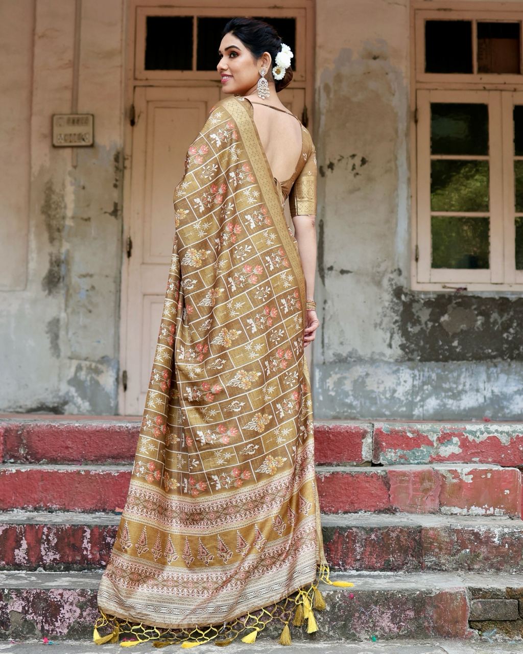 Pure Silk Digital Printed Light Brown Saree with Brocade Blouse Colorful Saree