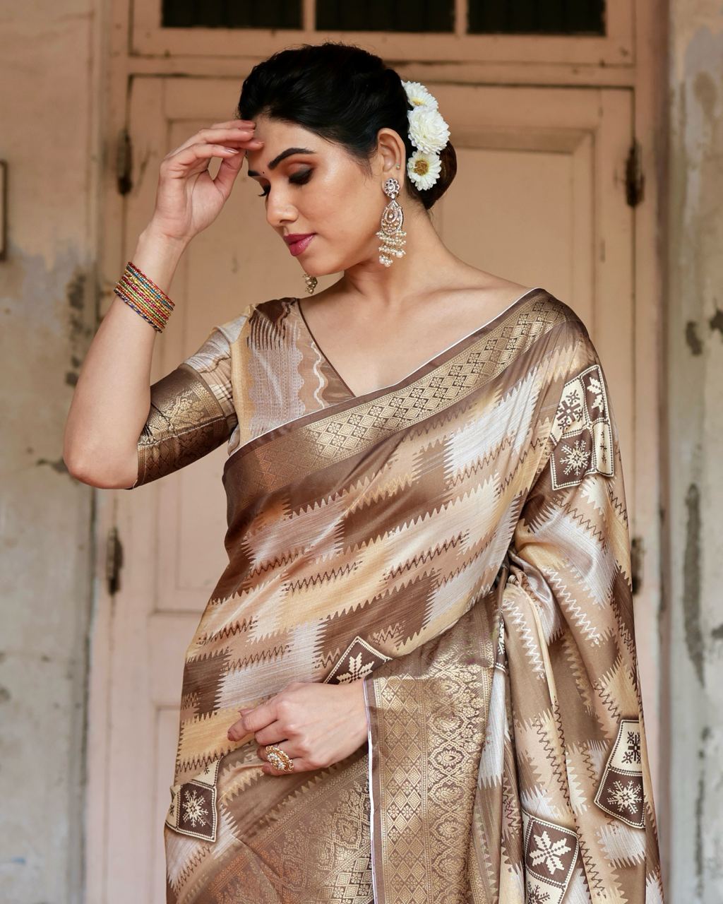 Pure Silk Digital Printed Light Brown Saree with Brocade Blouse Colorful Saree