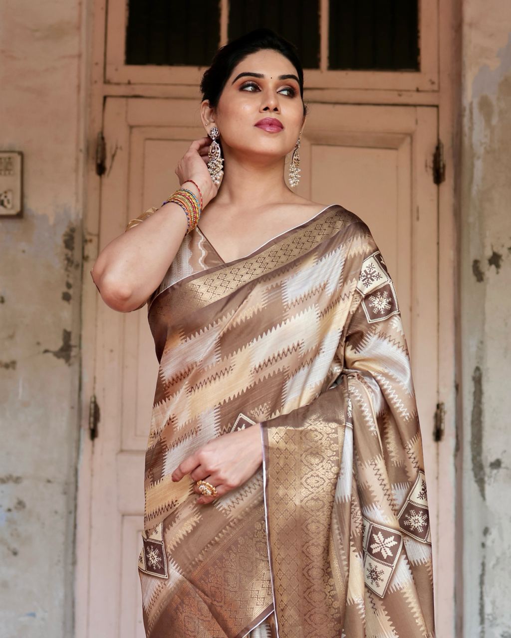 Pure Silk Digital Printed Light Brown Saree with Brocade Blouse Colorful Saree