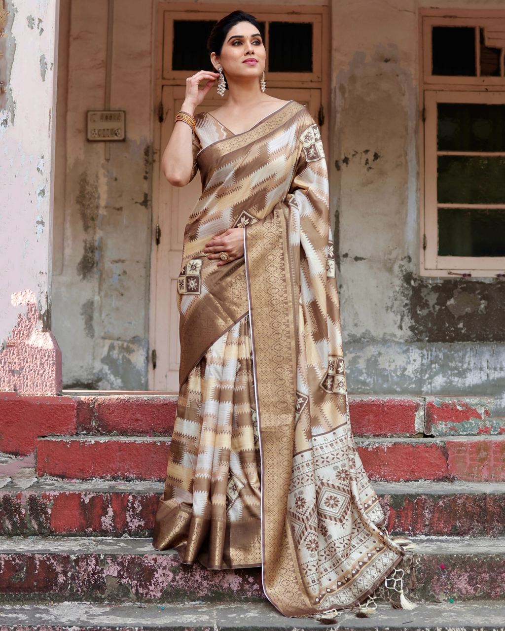 Pure Silk Digital Printed Light Brown Saree with Brocade Blouse Colorful Saree