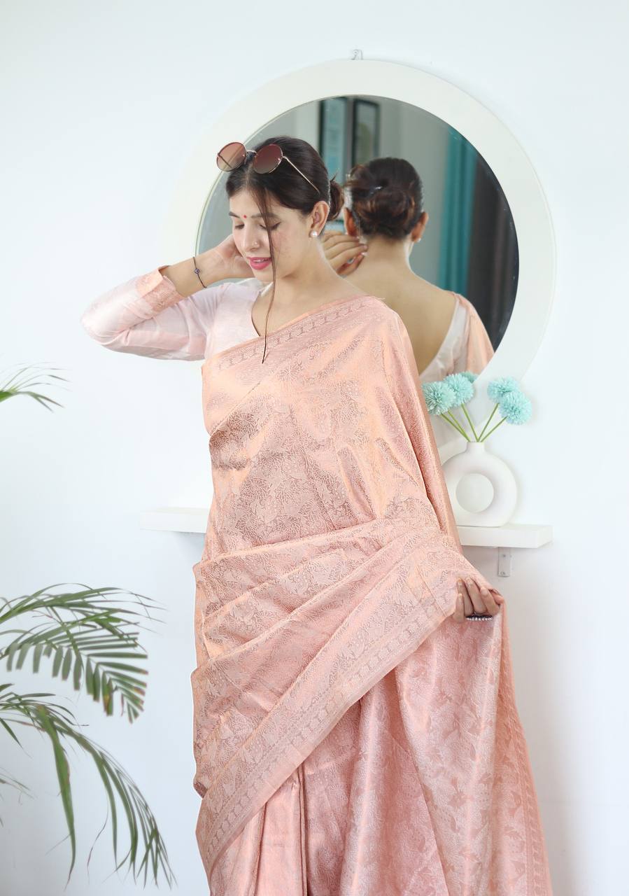 Pure Silk Digital Printed Light Peach Saree with Brocade Blouse Colorful Saree