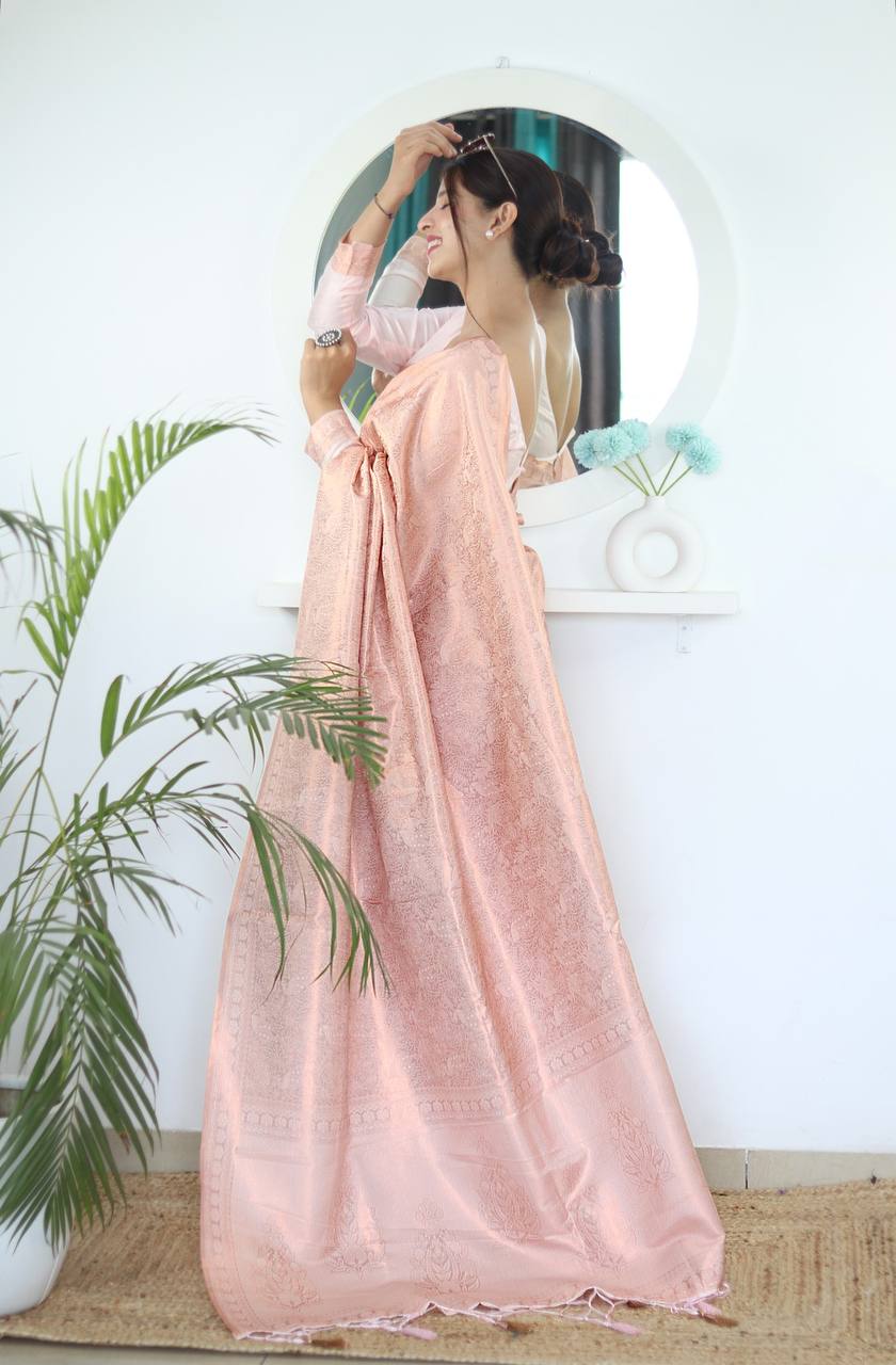 Pure Silk Digital Printed Light Peach Saree with Brocade Blouse Colorful Saree