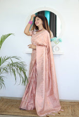 Pure Silk Digital Printed Light Peach Saree with Brocade Blouse Colorful Saree