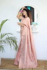 Pure Silk Digital Printed Light Peach Saree with Brocade Blouse Colorful Saree