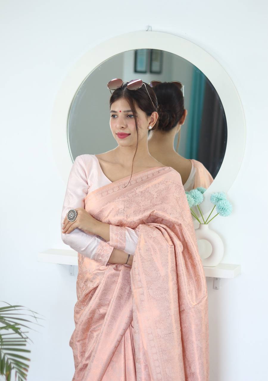 Pure Silk Digital Printed Light Peach Saree with Brocade Blouse Colorful Saree