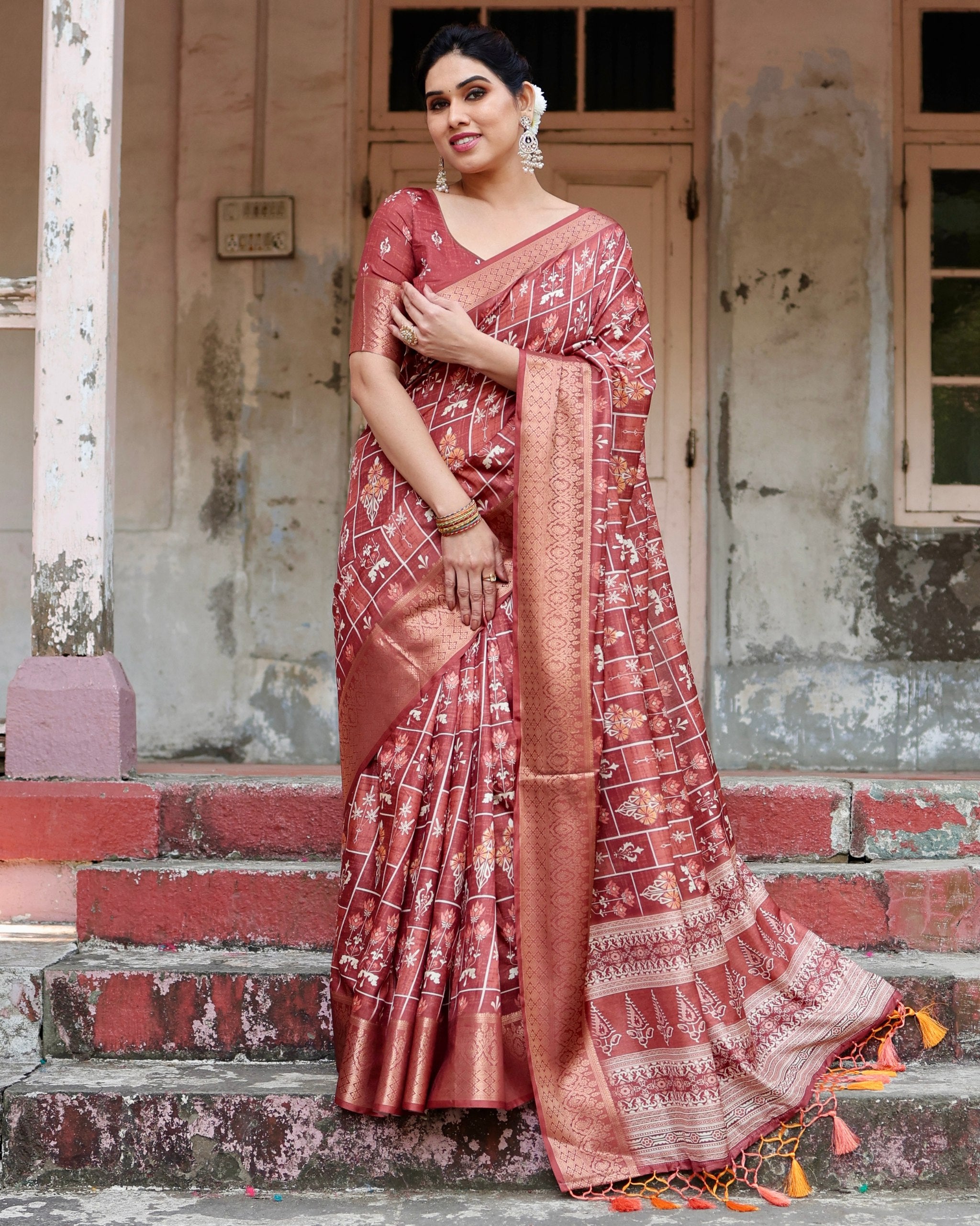 Pure Silk Digital Printed Maroon Saree with Brocade Blouse Colorful Saree