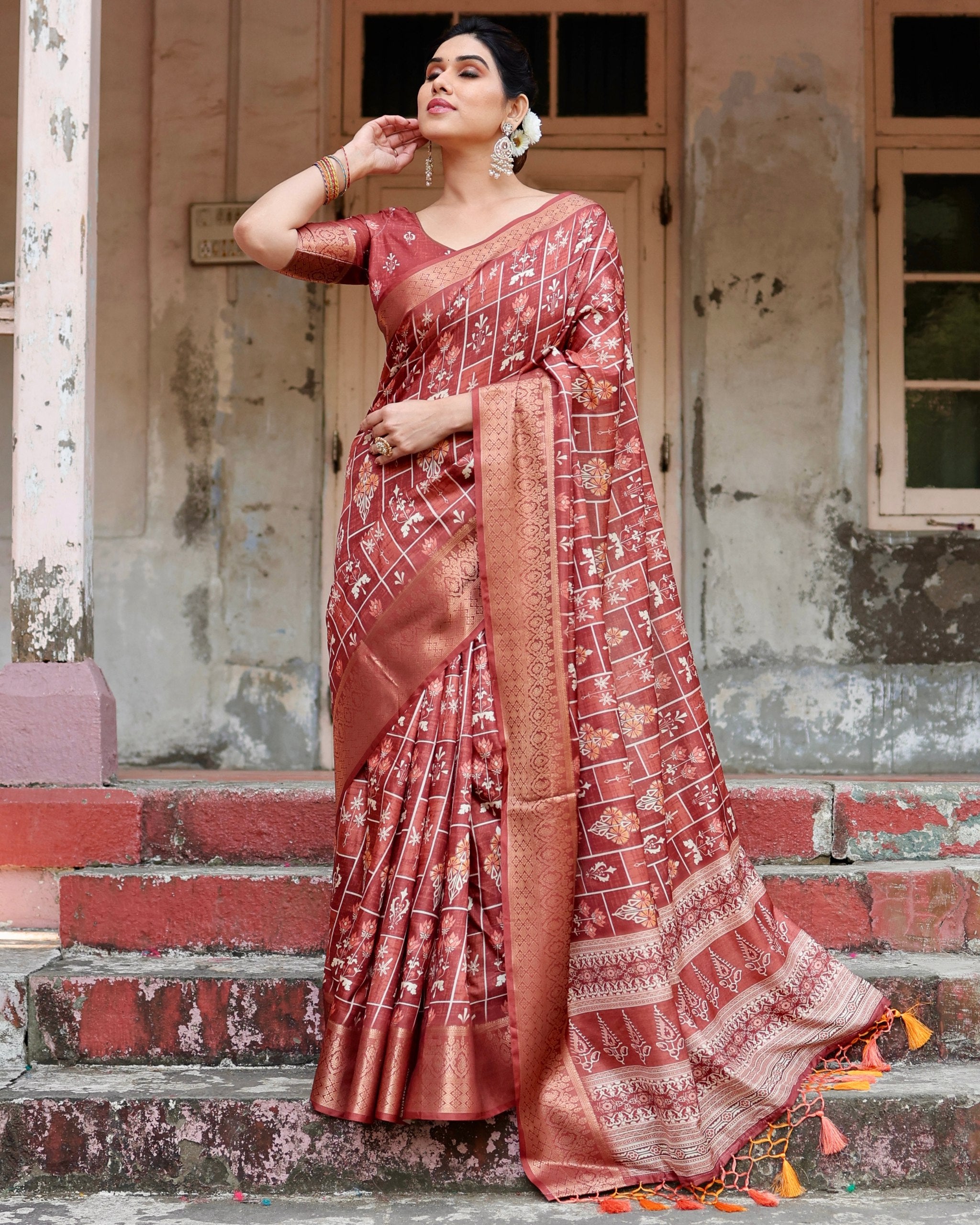 Pure Silk Digital Printed Maroon Saree with Brocade Blouse Colorful Saree