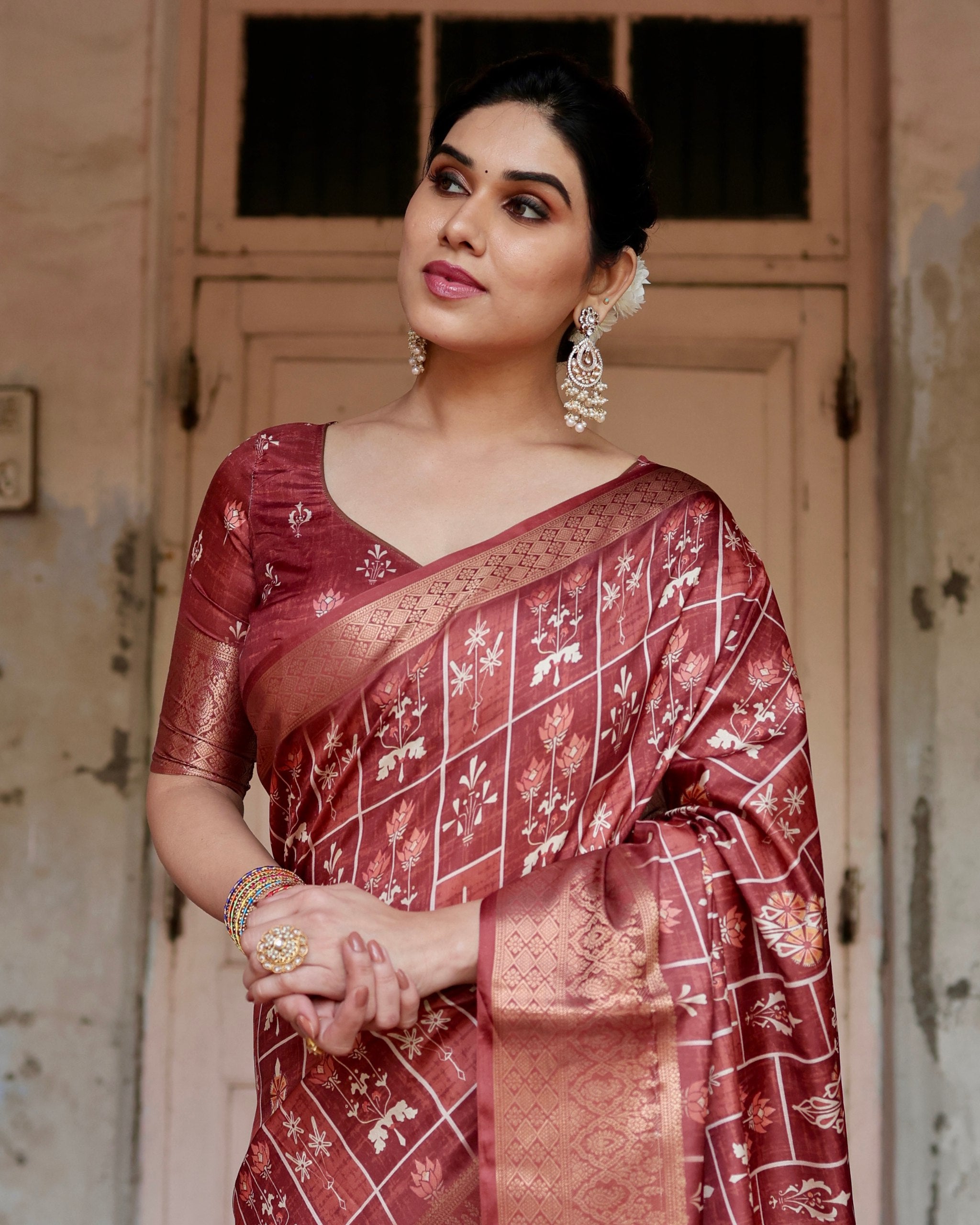 Pure Silk Digital Printed Maroon Saree with Brocade Blouse Colorful Saree