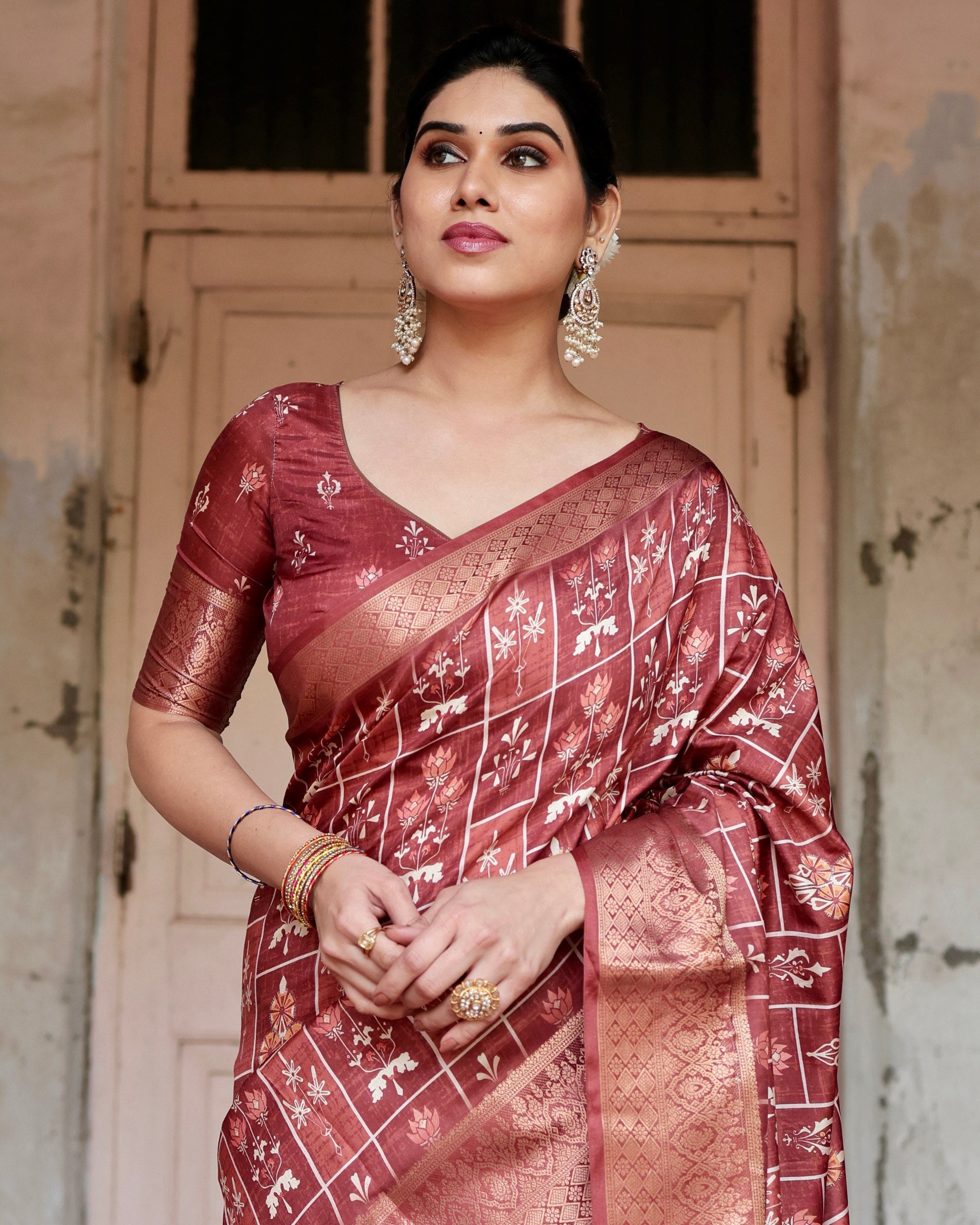 Pure Silk Digital Printed Maroon Saree with Brocade Blouse Colorful Saree