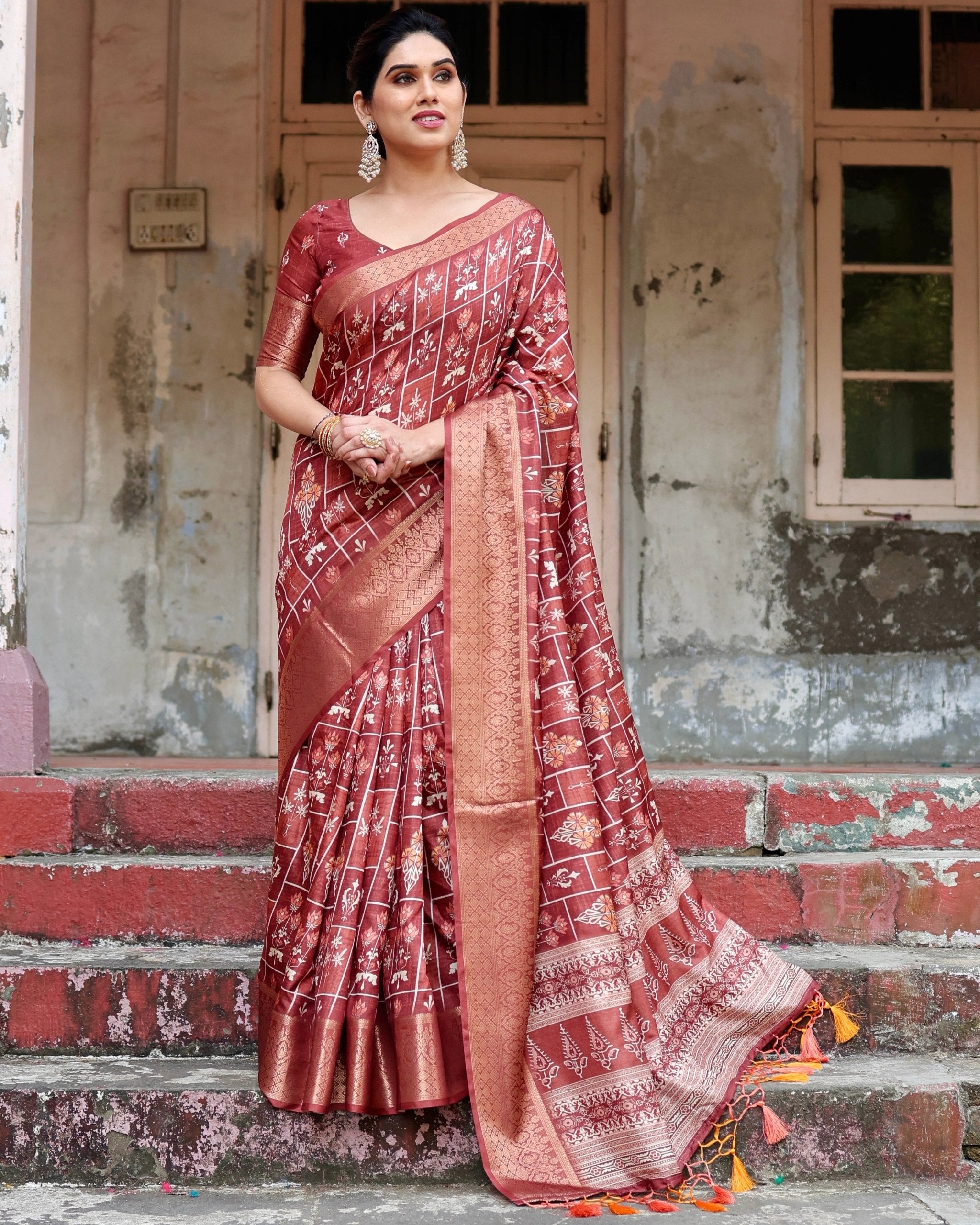 Pure Silk Digital Printed Maroon Saree with Brocade Blouse Colorful Saree