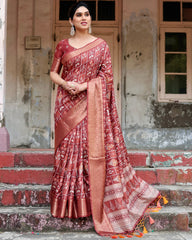 Pure Silk Digital Printed Maroon Saree with Brocade Blouse Colorful Saree