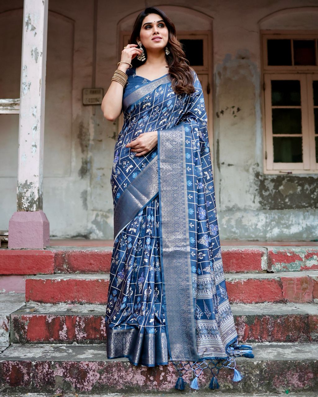 Pure Silk Digital Printed Navy Blue Saree with Brocade Blouse Colorful Saree