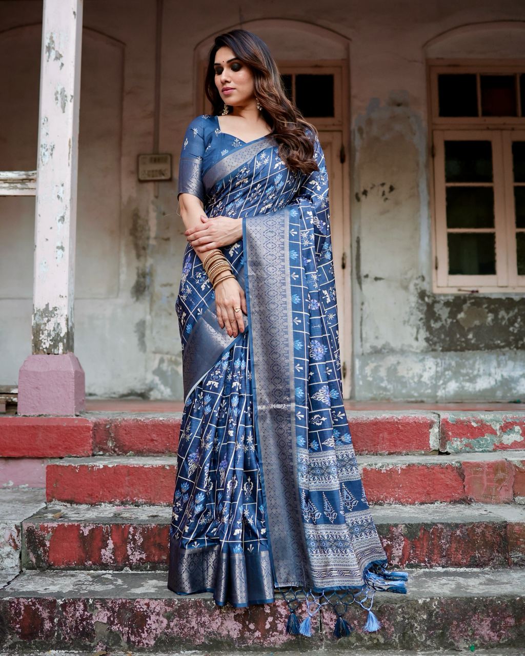 Pure Silk Digital Printed Navy Blue Saree with Brocade Blouse Colorful Saree