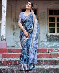 Pure Silk Digital Printed Navy Blue Saree with Brocade Blouse Colorful Saree