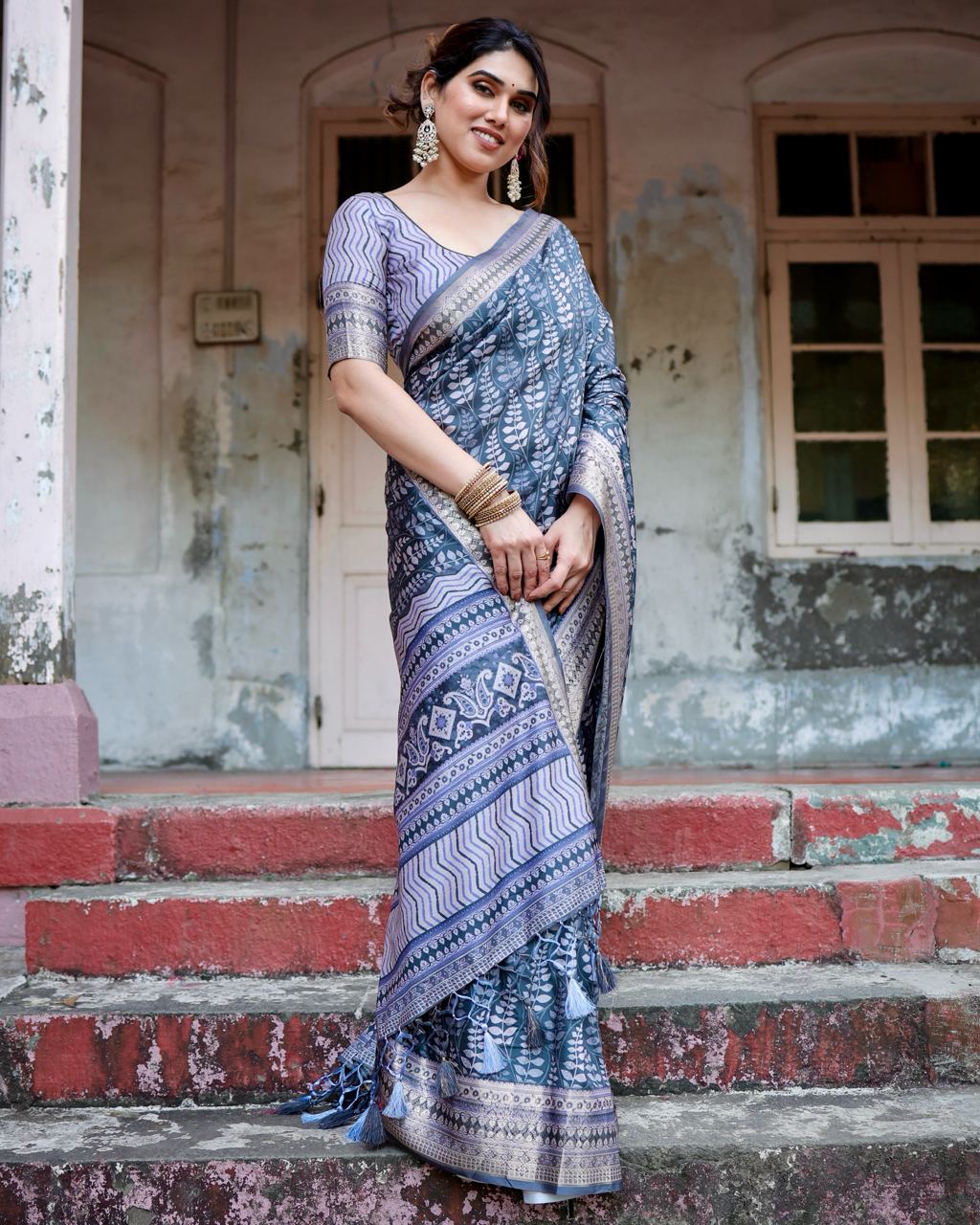 Pure Silk Digital Printed Navy Blue Saree with Brocade Blouse Colorful Saree