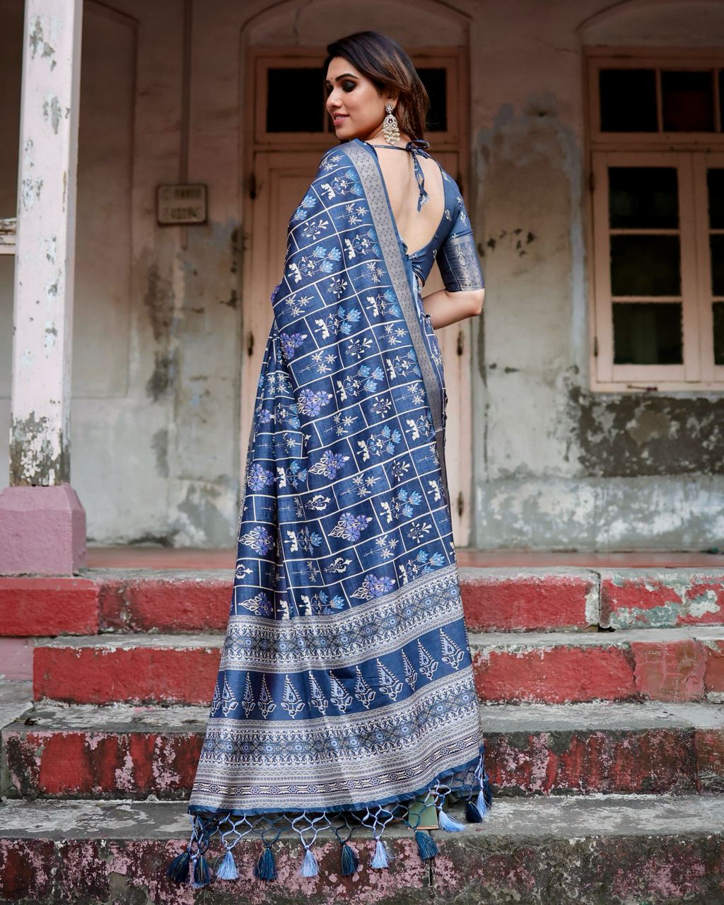 Pure Silk Digital Printed Navy Blue Saree with Brocade Blouse Colorful Saree