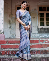 Pure Silk Digital Printed Navy Blue Saree with Brocade Blouse Colorful Saree