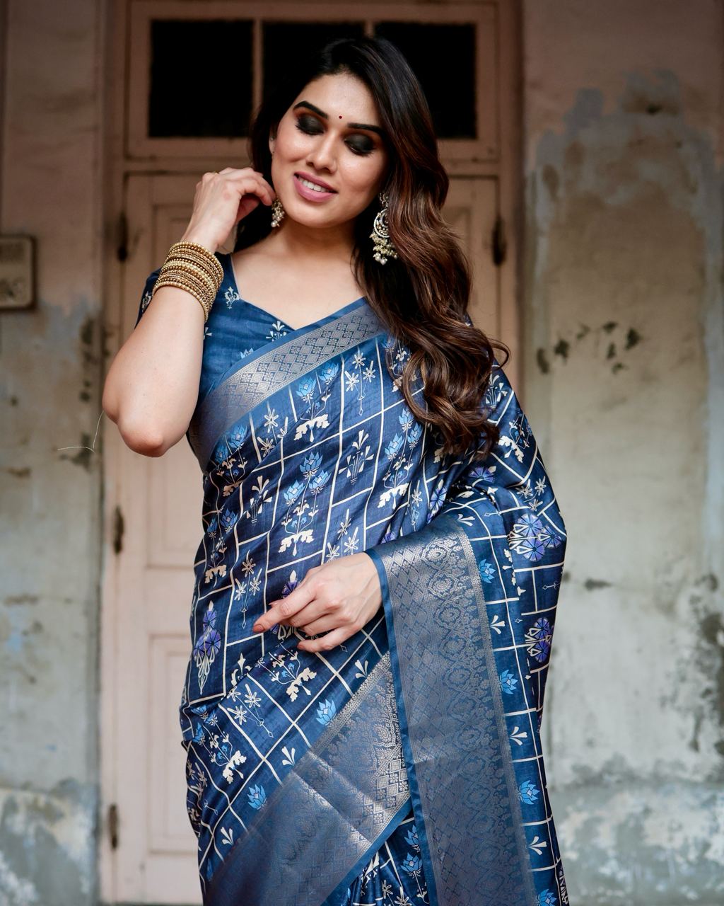 Pure Silk Digital Printed Navy Blue Saree with Brocade Blouse Colorful Saree