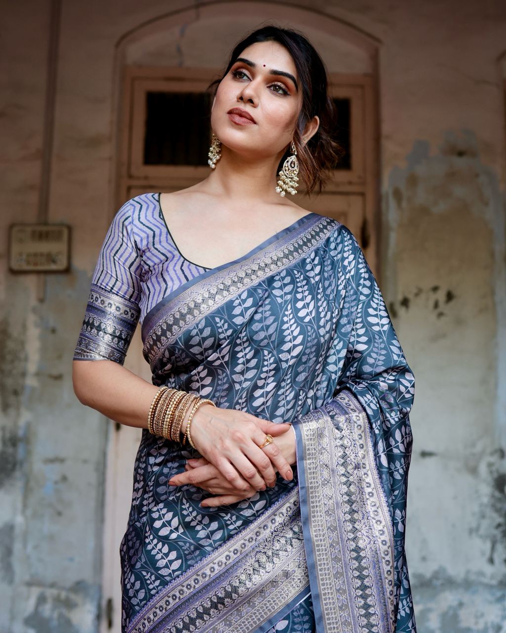 Pure Silk Digital Printed Navy Blue Saree with Brocade Blouse Colorful Saree