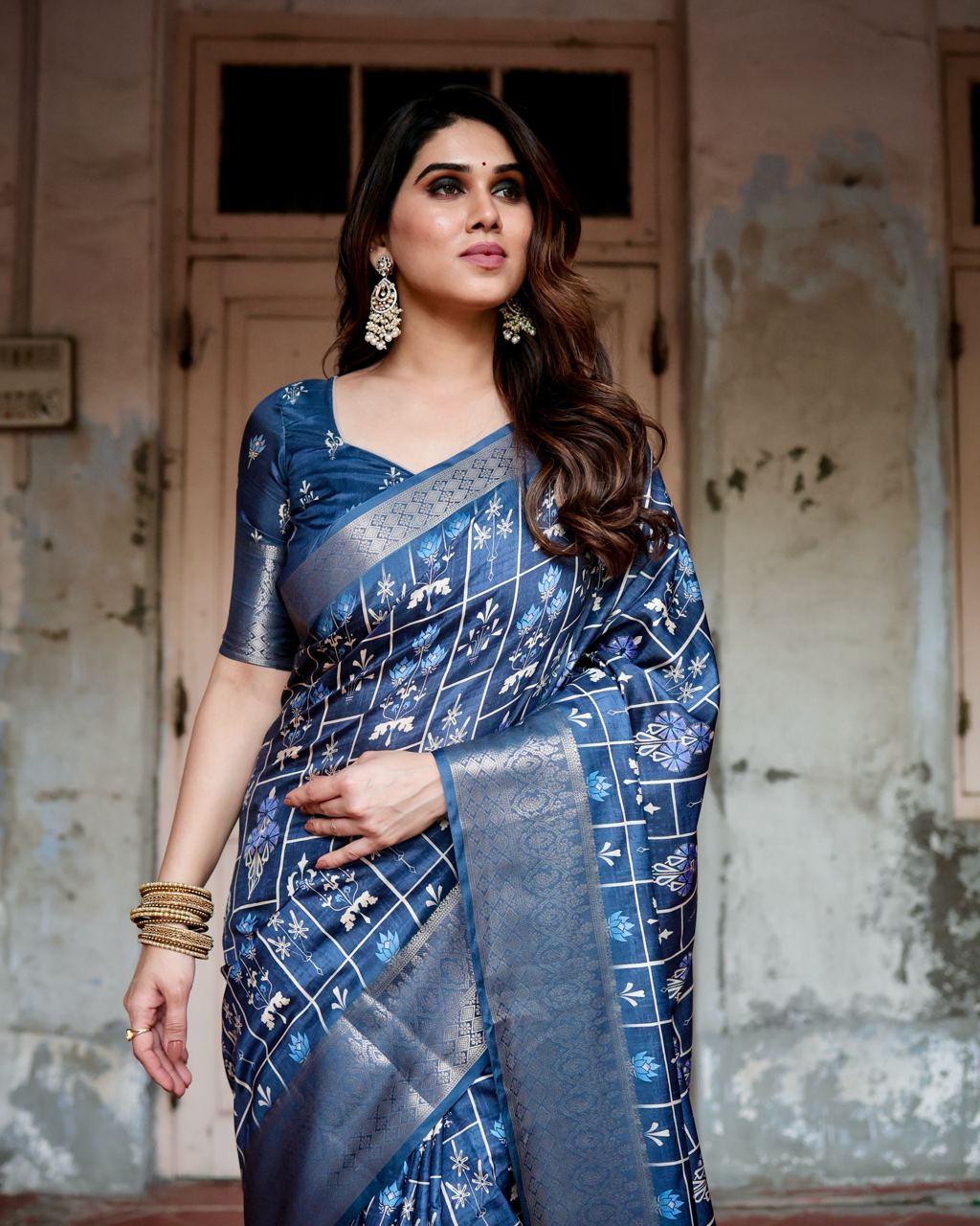 Pure Silk Digital Printed Navy Blue Saree with Brocade Blouse Colorful Saree