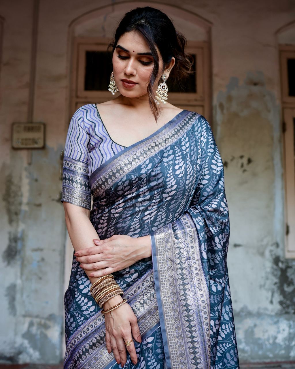 Pure Silk Digital Printed Navy Blue Saree with Brocade Blouse Colorful Saree