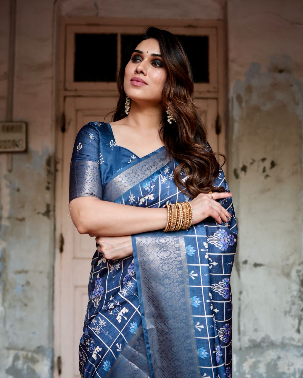 Pure Silk Digital Printed Navy Blue Saree with Brocade Blouse Colorful Saree