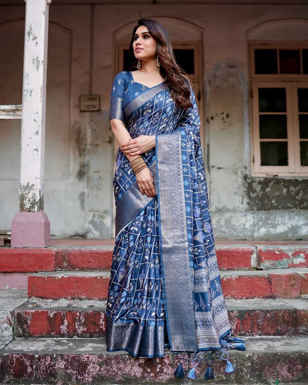 Pure Silk Digital Printed Navy Blue Saree with Brocade Blouse Colorful Saree