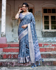 Pure Silk Digital Printed Navy Blue Saree with Brocade Blouse Colorful Saree