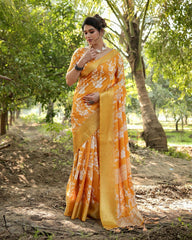 Pure Silk Digital Printed Orange Saree with Brocade Blouse Colorful Saree