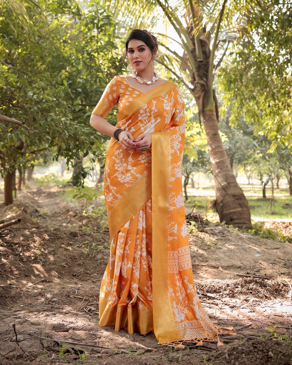 Pure Silk Digital Printed Orange Saree with Brocade Blouse Colorful Saree