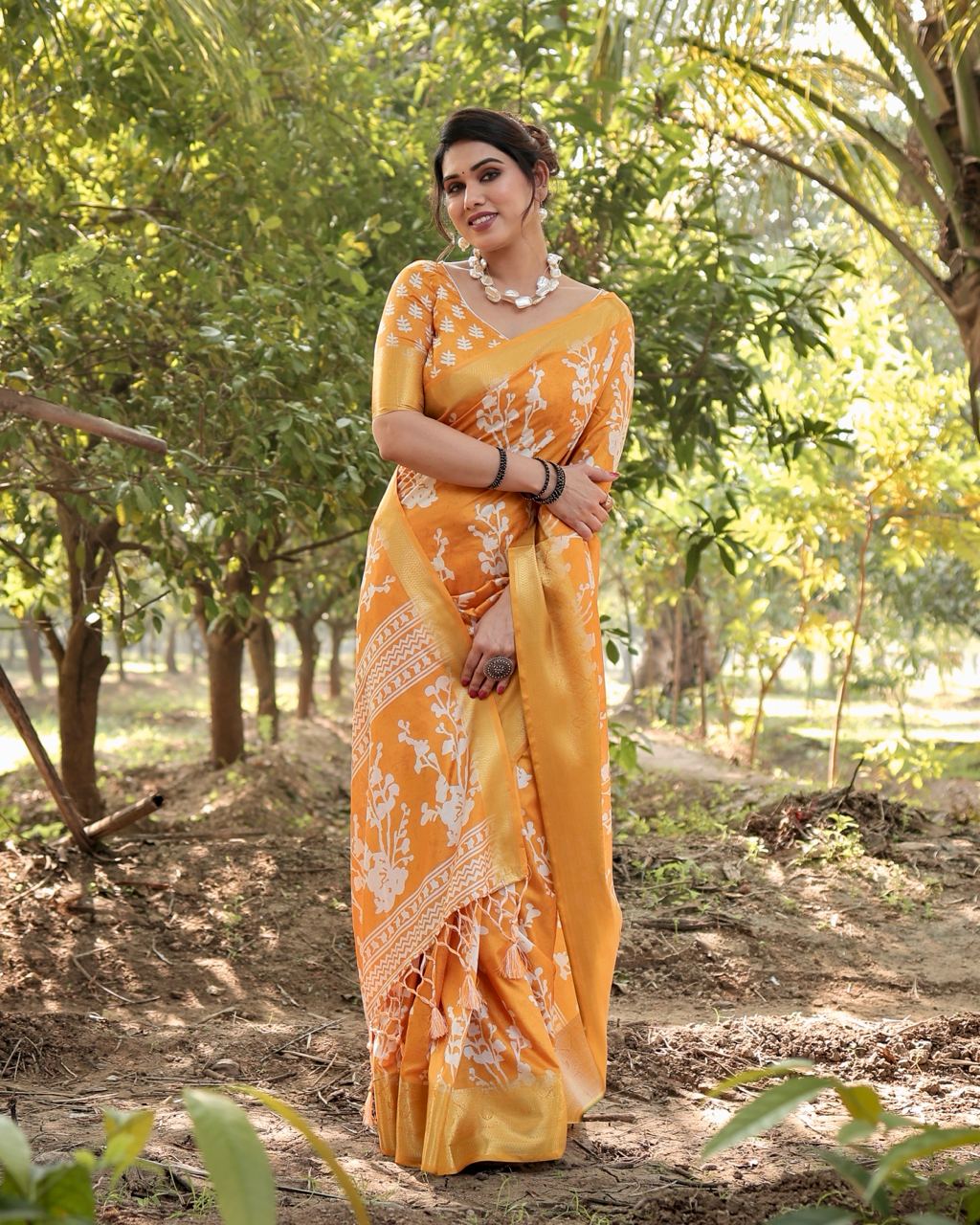 Pure Silk Digital Printed Orange Saree with Brocade Blouse Colorful Saree