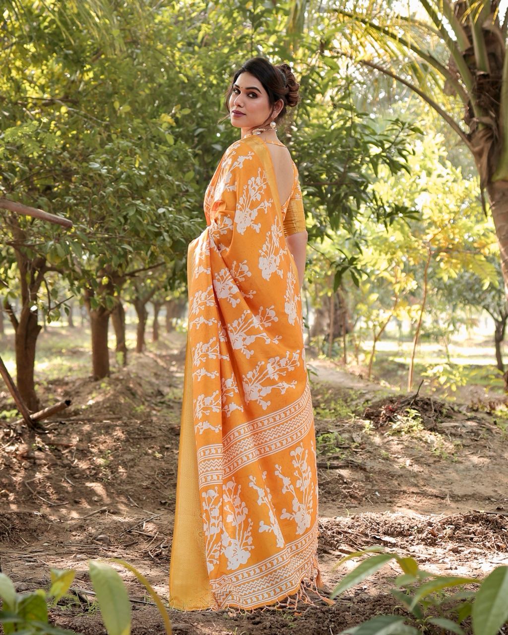 Pure Silk Digital Printed Orange Saree with Brocade Blouse Colorful Saree