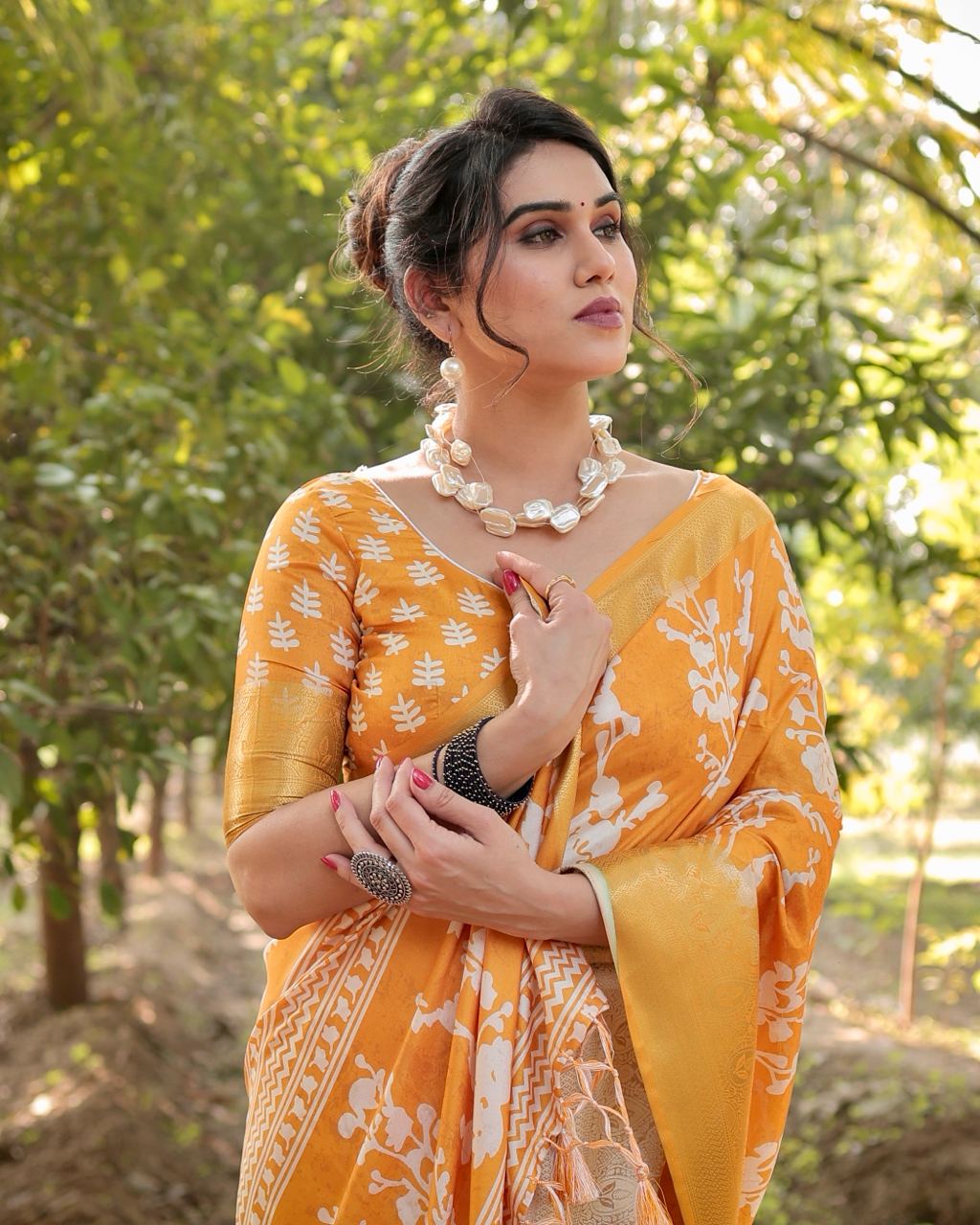 Pure Silk Digital Printed Orange Saree with Brocade Blouse Colorful Saree