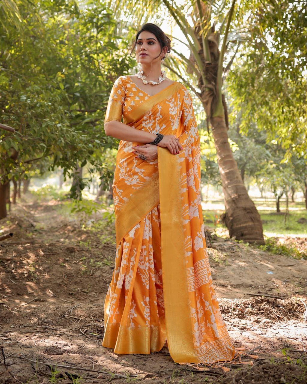 Pure Silk Digital Printed Orange Saree with Brocade Blouse Colorful Saree