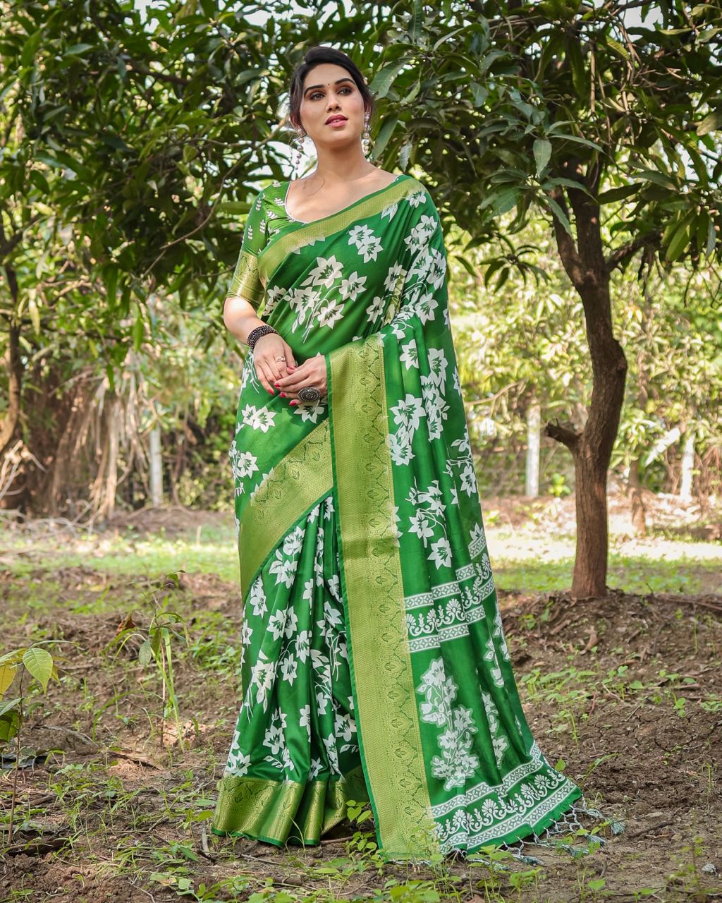 Pure Silk Digital Printed Parrot Green Saree with Brocade Blouse Colorful Saree