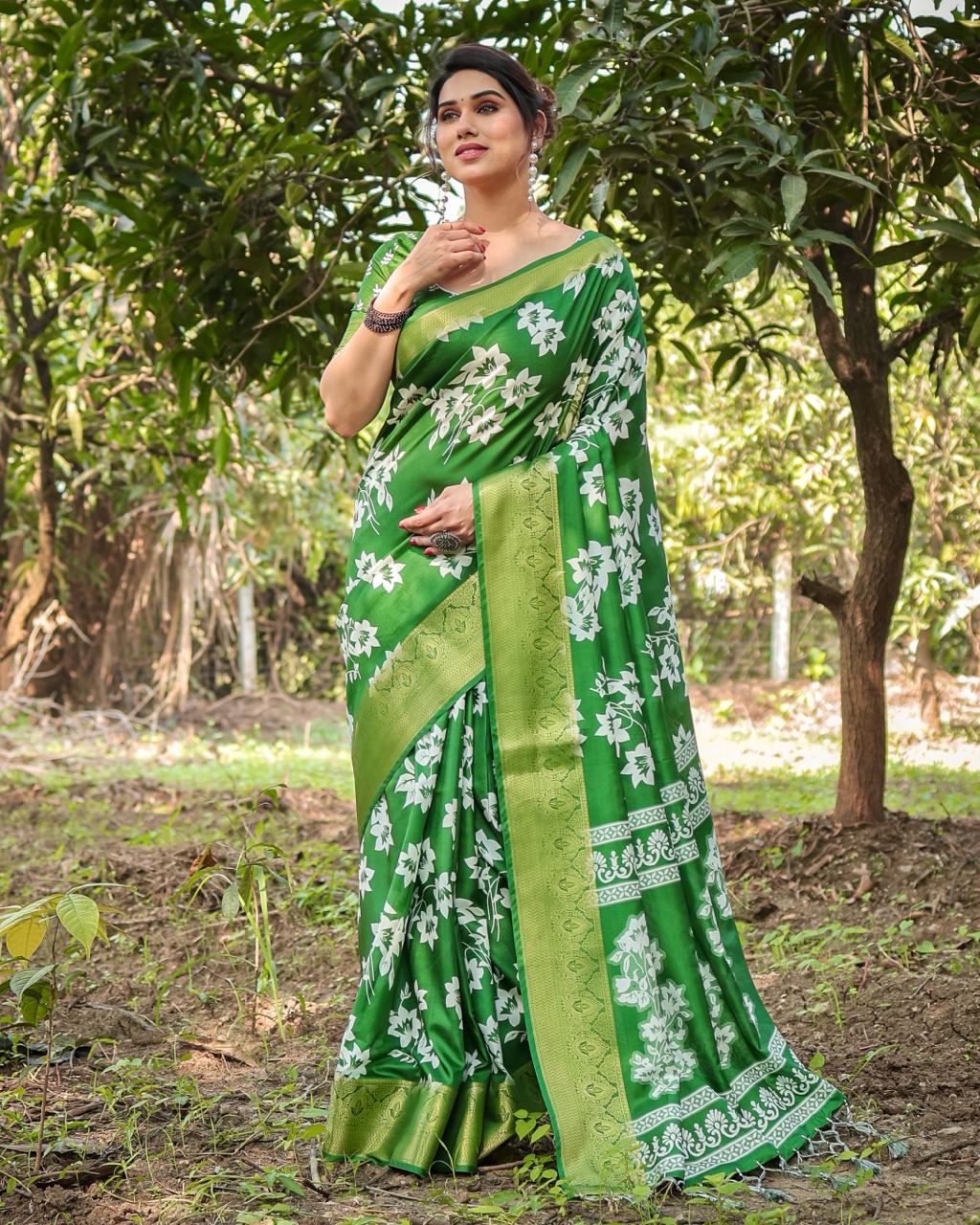 Pure Silk Digital Printed Parrot Green Saree with Brocade Blouse Colorful Saree