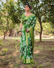 Pure Silk Digital Printed Parrot Green Saree with Brocade Blouse Colorful Saree