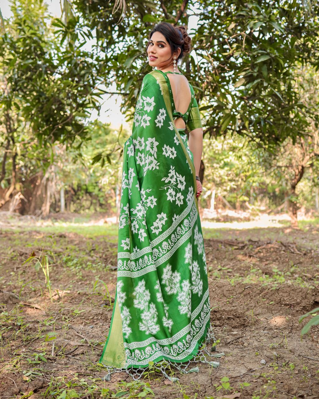 Pure Silk Digital Printed Parrot Green Saree with Brocade Blouse Colorful Saree