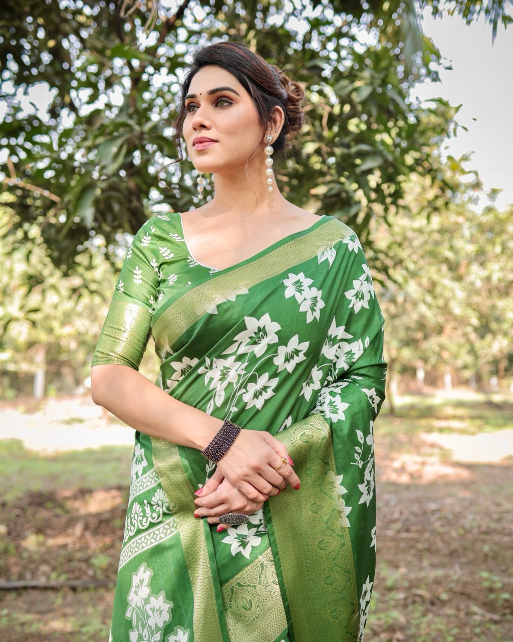 Pure Silk Digital Printed Parrot Green Saree with Brocade Blouse Colorful Saree