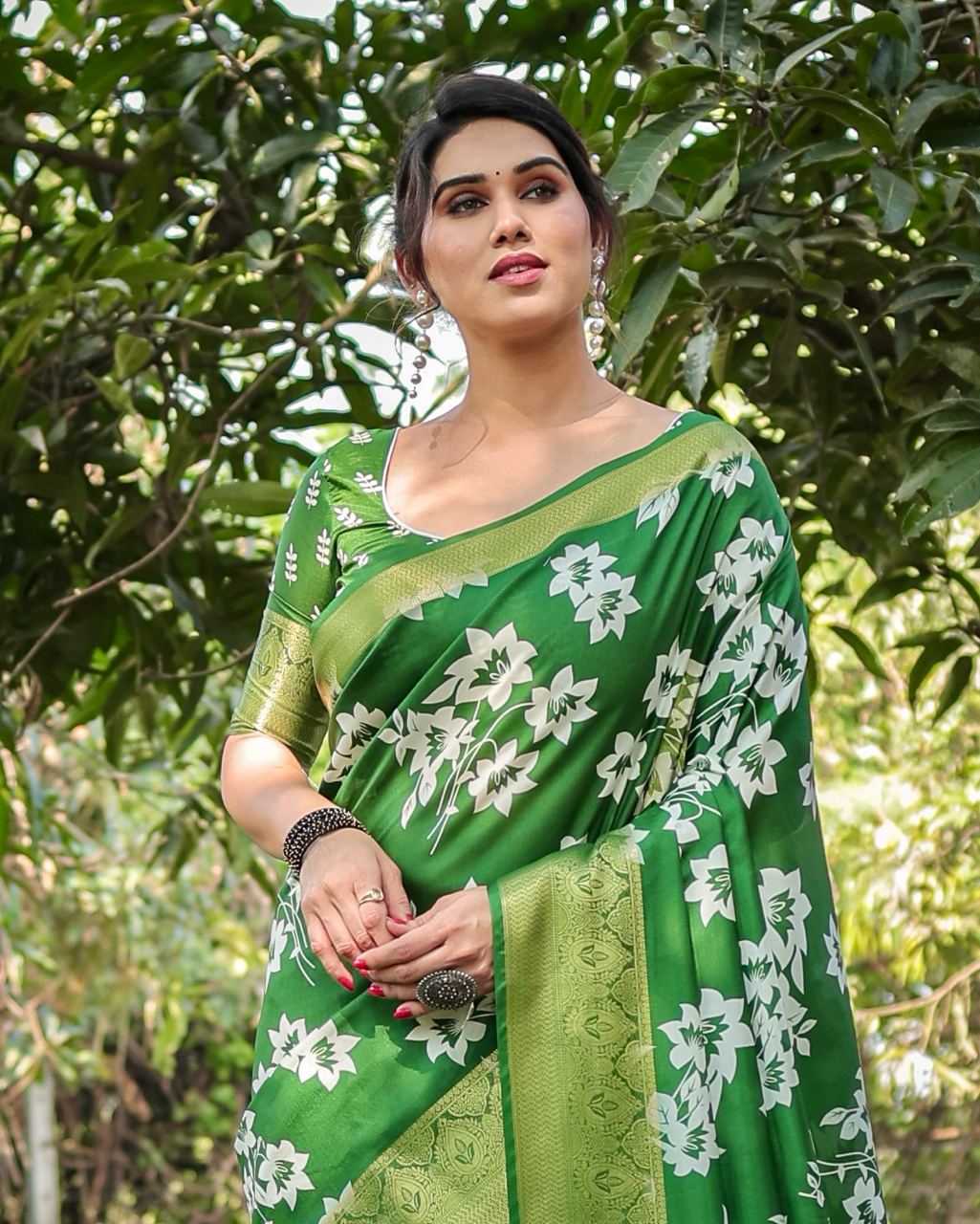 Pure Silk Digital Printed Parrot Green Saree with Brocade Blouse Colorful Saree